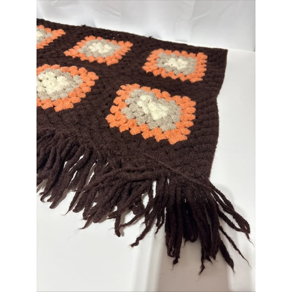 Vtg Handmade Crochet Granny Square Afghan Blanket‎ Throw Orange Brown 46X27